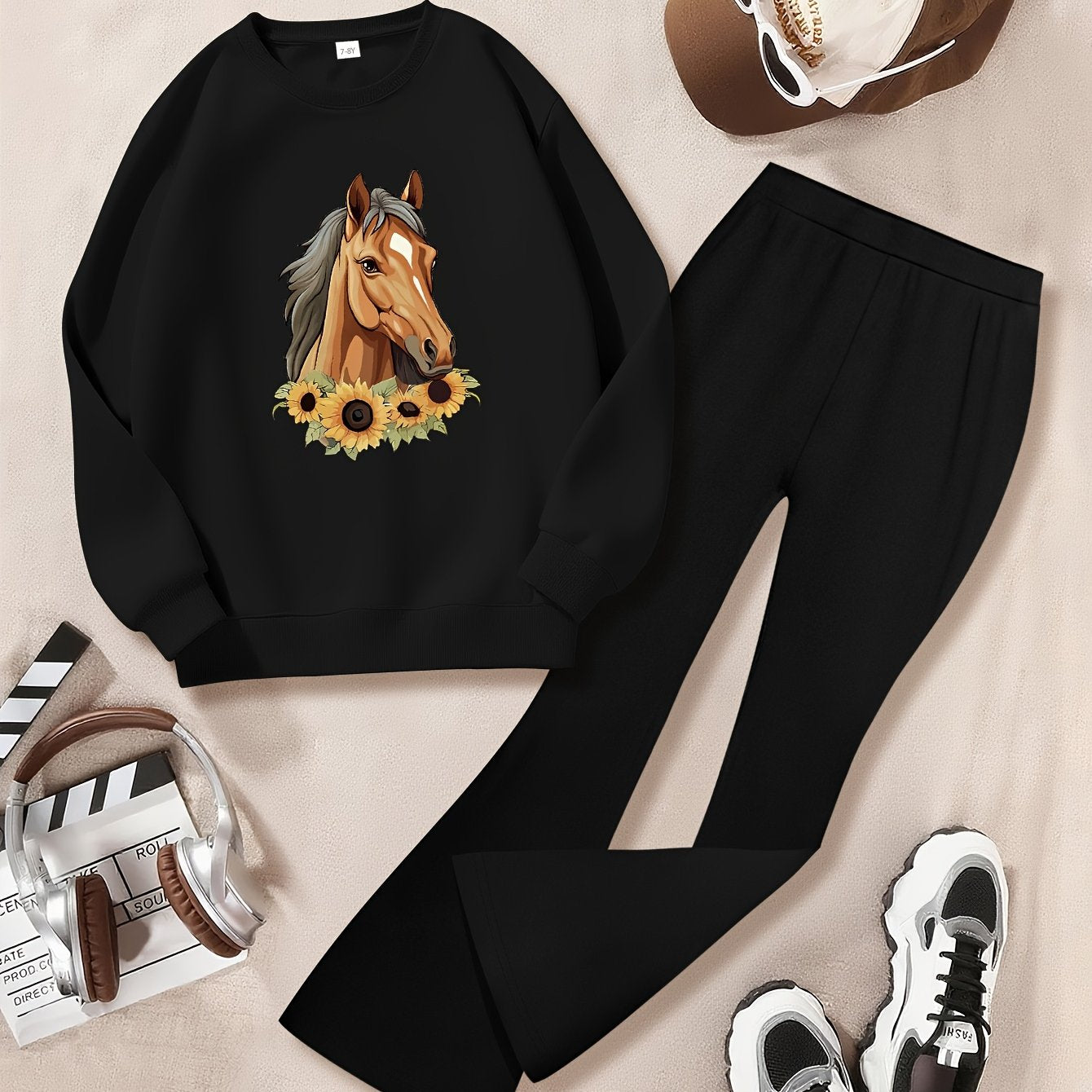 Girl's Fashionable Set With Horse And Sunflowers Graphic Printed Long Sleeve Crew Neck Sweatshirt & Knitted Bell-bottom Pants, Girl's Autumn And Winter Set, Ideal For Daily And Outdoor Wear