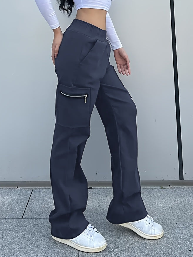 's and Girls' Straight-Leg Cargo Pants, Y2K Streetwear Casual Trousers with Large Zippered Pockets, Elastic Waistband, All-Season Polyester, Perfect for Outdoor Wear, Perfect for Outdoor