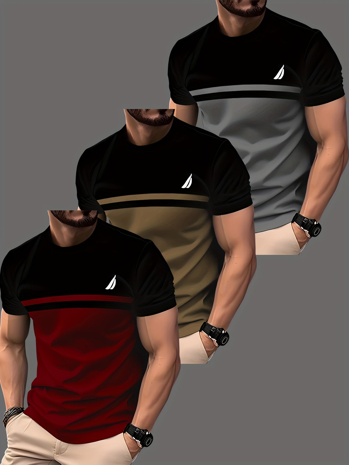 3pcs Color Block Striped Fashion 3D Digital Print Men's T-Shirt