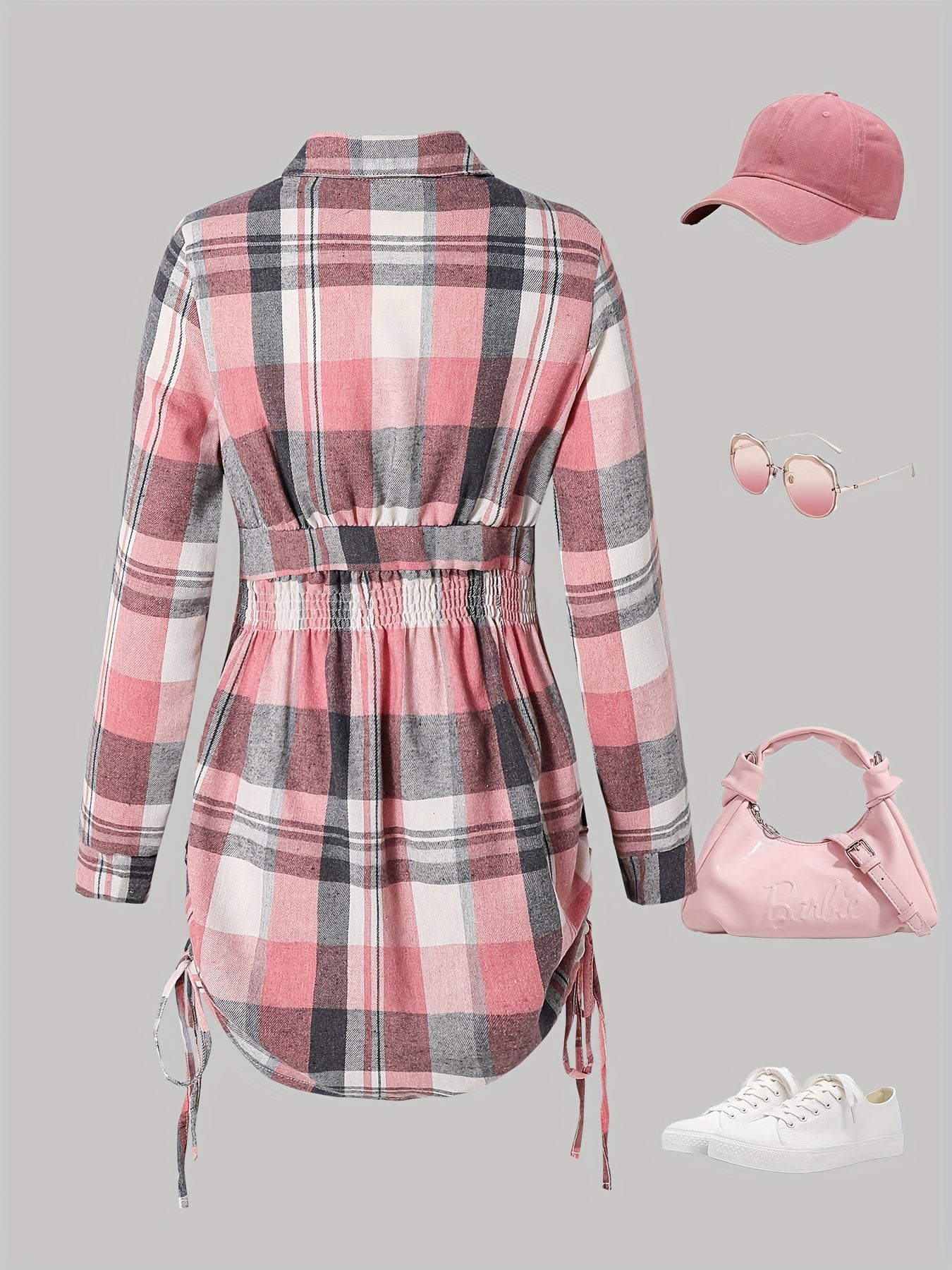 Teen Girls 13-16 Years Plaid Dress - Pink & Grey Tartan Button-Front Midi Length Long Sleeve Dress for Scottish Dance, Casual Outfits & Casual Attire, for Teenager, Dresses For Teenage Girls With Sleeves, Teen Clothes Girls D