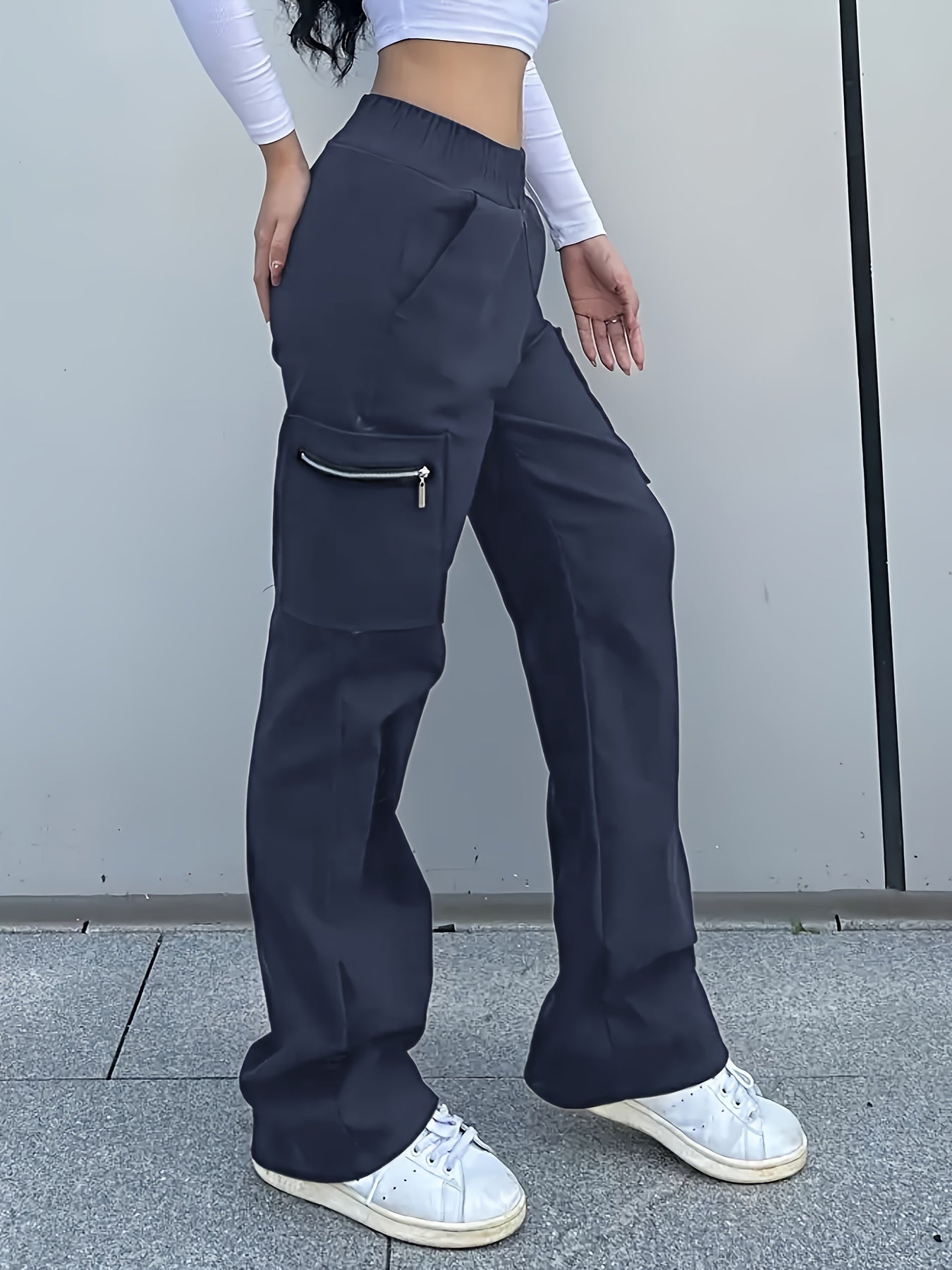 's and Girls' Straight-Leg Cargo Pants, Y2K Streetwear Casual Trousers with Large Zippered Pockets, Elastic Waistband, All-Season Polyester, Perfect for Outdoor Wear, Perfect for Outdoor