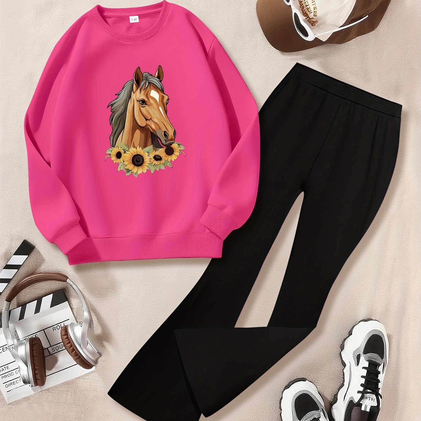 Girl's Fashionable Set With Horse And Sunflowers Graphic Printed Long Sleeve Crew Neck Sweatshirt & Knitted Bell-bottom Pants, Girl's Autumn And Winter Set, Ideal For Daily And Outdoor Wear
