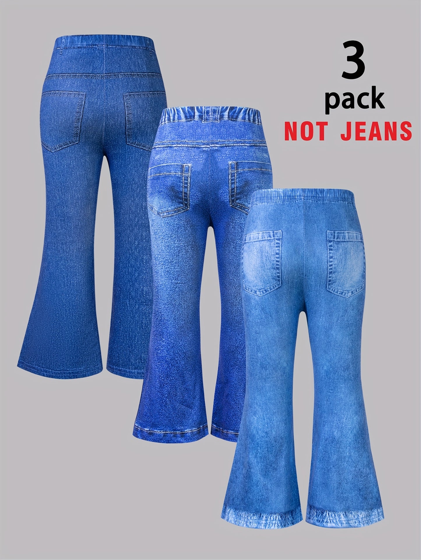 3-Pack Girls' Faux Denim Printed Ripped Leopard Print Flared Pants - Stretchy Elastic Waistband, Soft Comfortable Casual Trousers with Faux Pockets, All-Season Wear for Parties, Carnivals & Casual Attire, Party Attire, Playfu