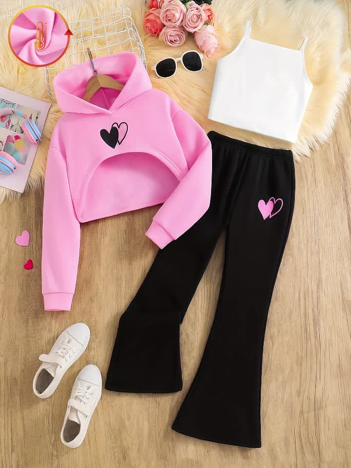 3-Piece Trendy Fashion Sweatshirt Set for Girls, Casual Heart Print Fleece-Lined Sweatshirt Three-Piece Set, Autumn Winter Gift, Suitable for Daily Wear, Handmade, Crop Top, Casual, Vacation, Travel, Back to School, Prom, Gra