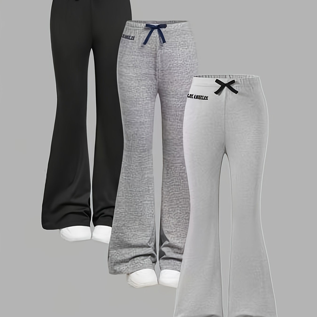3pcs Girls' Slim-Fit Flared Bell-Bottom Pants with Letter Print & Bow Tie Waist - Stretchy Casual Athletic Leggings for Spring Summer Fall, Machine Washable (Black, Light Grey, White) - Playdates, School, Casual Attire, Perfe