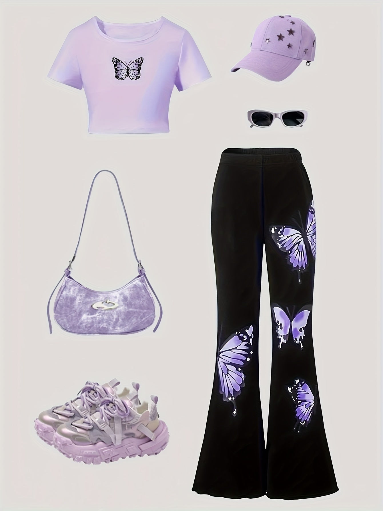 Highly Rated Girls' Fashion Set Round Neck Short Sleeve Butterfly Print Top + Versatile Black Flare Pants with Irregular Butterfly Print Long Pants Elegant and Romantic Gift Choice Spring/Summer Essential Set without Accessor