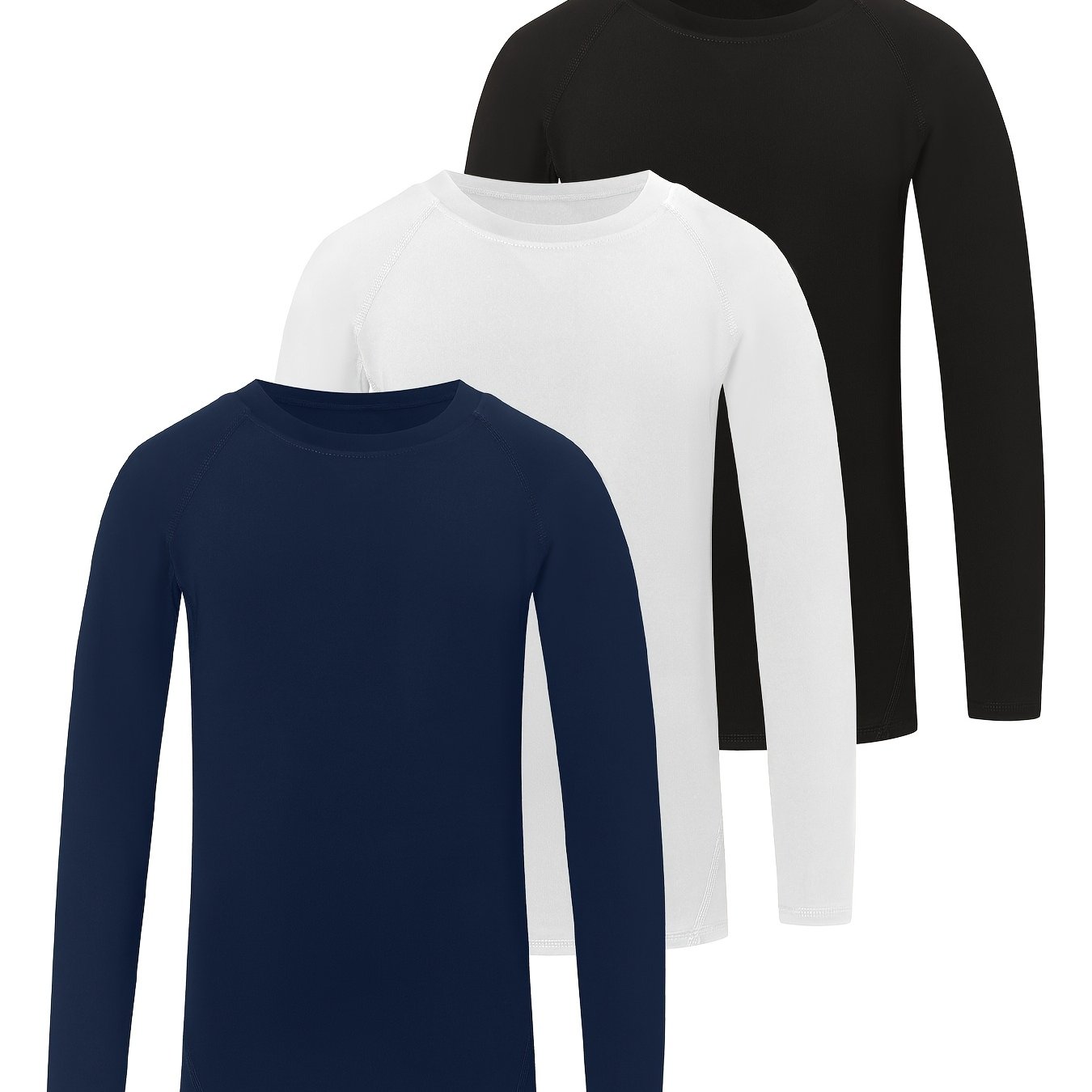 TELALEO 3pcs Boys' Compression Shirts - Long Sleeve Moisture-Wicking Performance Shirts, Medium Stretch All-Season Black Athletic Top for Kids & Teens, Machine Washable for Sports, Outdoor, Casual & Beach Wear, Outdoor Childr