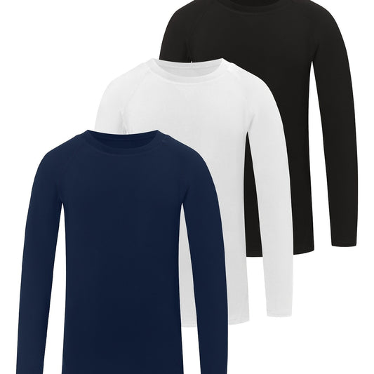 TELALEO 3pcs Boys' Compression Shirts - Long Sleeve Moisture-Wicking Performance Shirts, Medium Stretch All-Season Black Athletic Top for Kids & Teens, Machine Washable for Sports, Outdoor, Casual & Beach Wear, Outdoor Childr