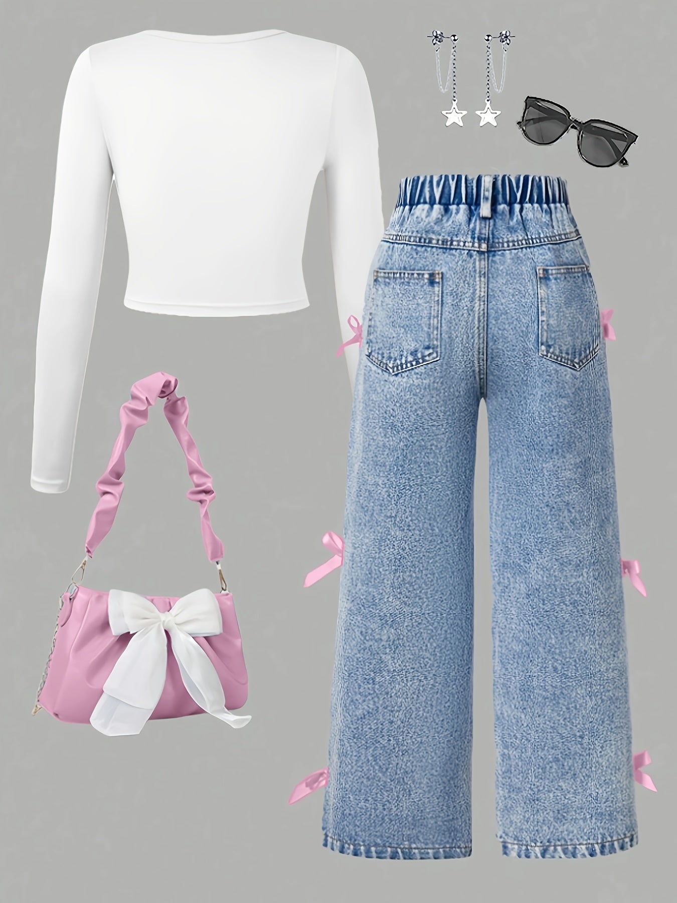 [Girls' Bow Print Top & Pants] Fashion Casual Bow Print Long Sleeve Top with Faux Denim Bow Pants for Girls | Spring/Autumn Outdoor Leisure Parties