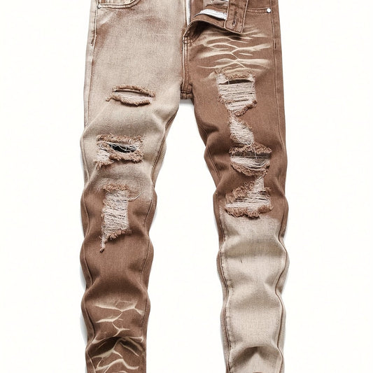 Boys' Tie-Dustin Jeans - Non-Stretch Vintage Denim Pants with Two-Pocket Design, Mid-Rise Straight Leg & Belt Loops, Machine Washable Brown/Beige Colorblock for Teen Boys' Everyday & Formal Outfits - All-Season Retro Jeans, T