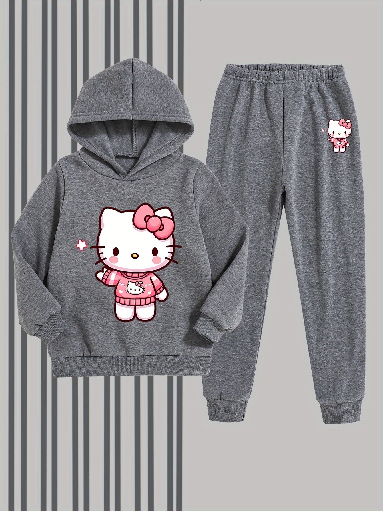 Girls' Fashion Hoodie and Pants Set - Sanrio Cartoon Print, Soft Polyester Sweatshirt with Hat for Kids, Warm & Comfortable Fall/Winter Outfit, Stylish Casual Sportswear for School or Outdoor Activities, Perfect for Outdoor