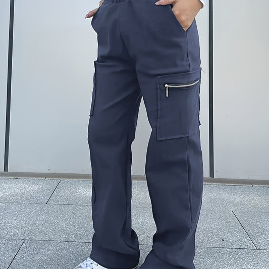 's and Girls' Straight-Leg Cargo Pants, Y2K Streetwear Casual Trousers with Large Zippered Pockets, Elastic Waistband, All-Season Polyester, Perfect for Outdoor Wear, Perfect for Outdoor