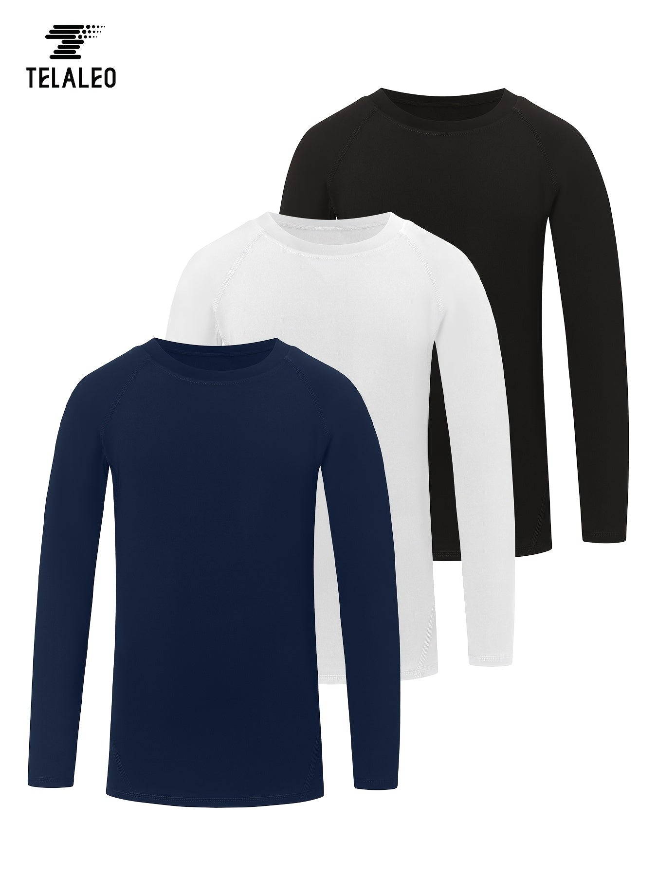 TELALEO 3pcs Boys' Compression Shirts - Long Sleeve Moisture-Wicking Performance Shirts, Medium Stretch All-Season Black Athletic Top for Kids & Teens, Machine Washable for Sports, Outdoor, Casual & Beach Wear, Outdoor Childr