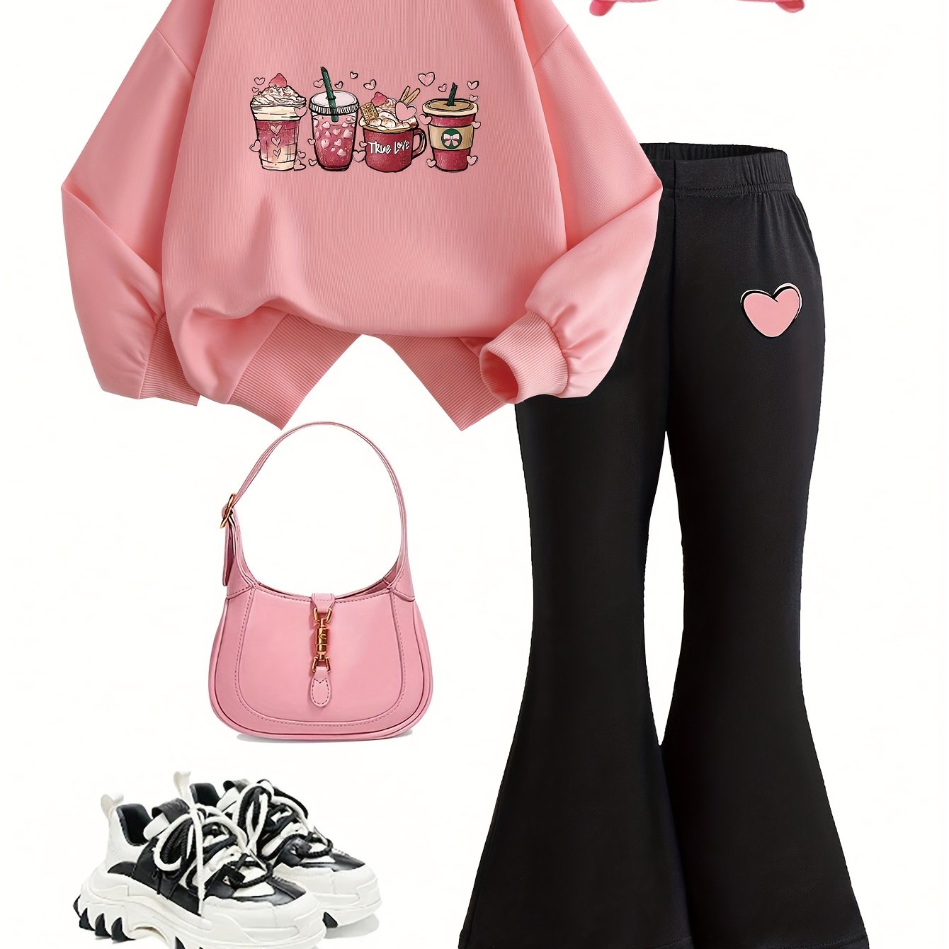 [2pcs Girls' Hoodie & Pants Set] 2pcs Girls' Fashion Hoodie + Flare Pants Set | Cartoon Print | Urban Party + Autumn + Trendy Style | Kids' Fashionable Fall Outfit, Perfect for Outdoor