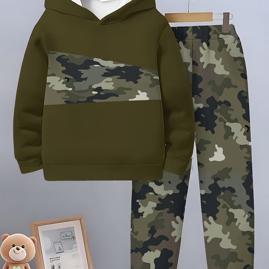 Boys' 3D Printed Camo Hoodie & Pants Set - Olive Green & Black Camouflage Long Sleeve Pullover with Kangaroo Pocket, Elastic Waistband Joggers, Perfect for Outdoor Play & Casual Wear, Fall/Winter Collection, Boy Hoodie, Playf