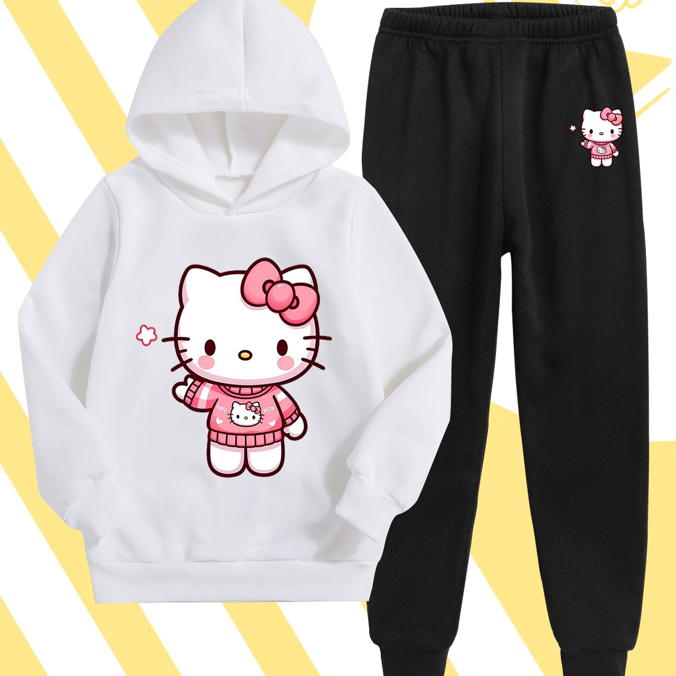 Girls' Fashion Hoodie and Pants Set - Sanrio Cartoon Print, Soft Polyester Sweatshirt with Hat for Kids, Warm & Comfortable Fall/Winter Outfit, Stylish Casual Sportswear for School or Outdoor Activities, Perfect for Outdoor
