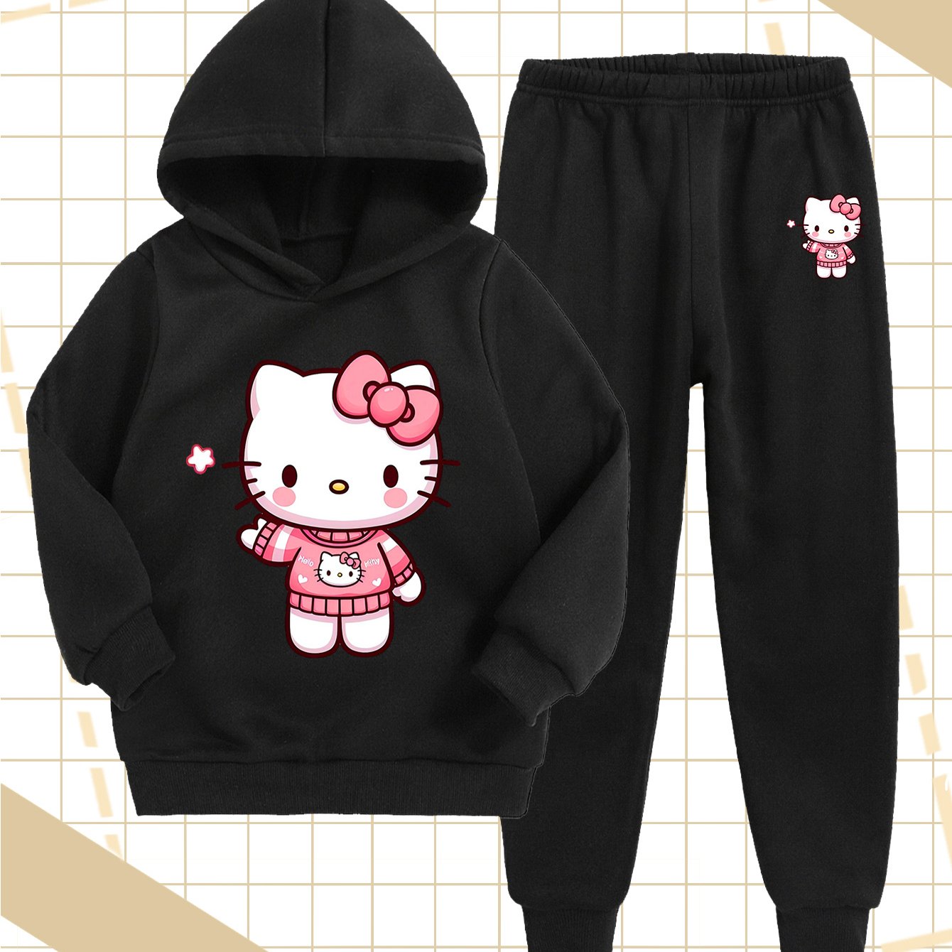 Girls' Fashion Hoodie and Pants Set - Sanrio Cartoon Print, Soft Polyester Sweatshirt with Hat for Kids, Warm & Comfortable Fall/Winter Outfit, Stylish Casual Sportswear for School or Outdoor Activities, Perfect for Outdoor