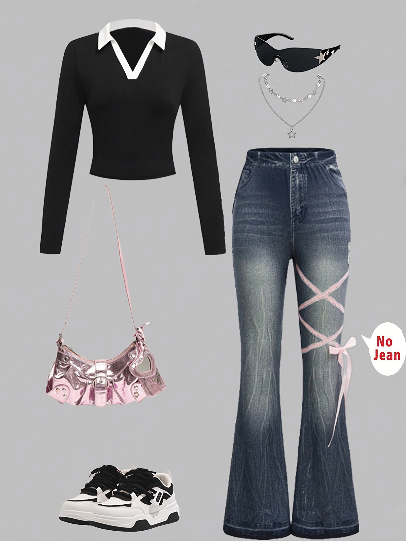 Spring/Fall Fashion for Young Girls: Stylish Long-Sleeve Top with Contrast Collar and Bow Tie, Paired Imitation Denim Pants Suitable Casual Outings Parties, Fall Wardrobe, Casual Attire, Trendy Outfit, Durable Material, Soft