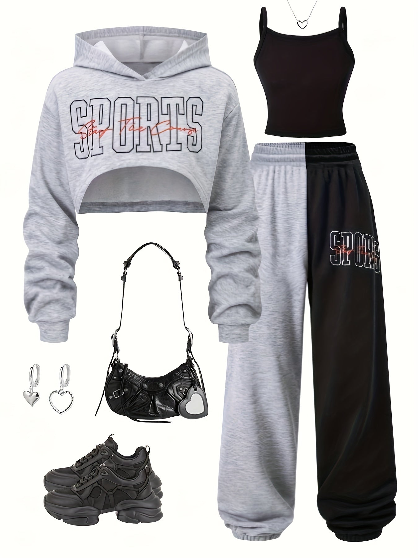 [Girls' Sporty Three-Piece Set] Spring and Autumn Fashionable Girls' Sporty Three-Piece Set with Floral Letter Print Hoodie, Black Heart Vest, and Casual Sports Pants for Outdoor Activities - Accessories in Picture are for Re