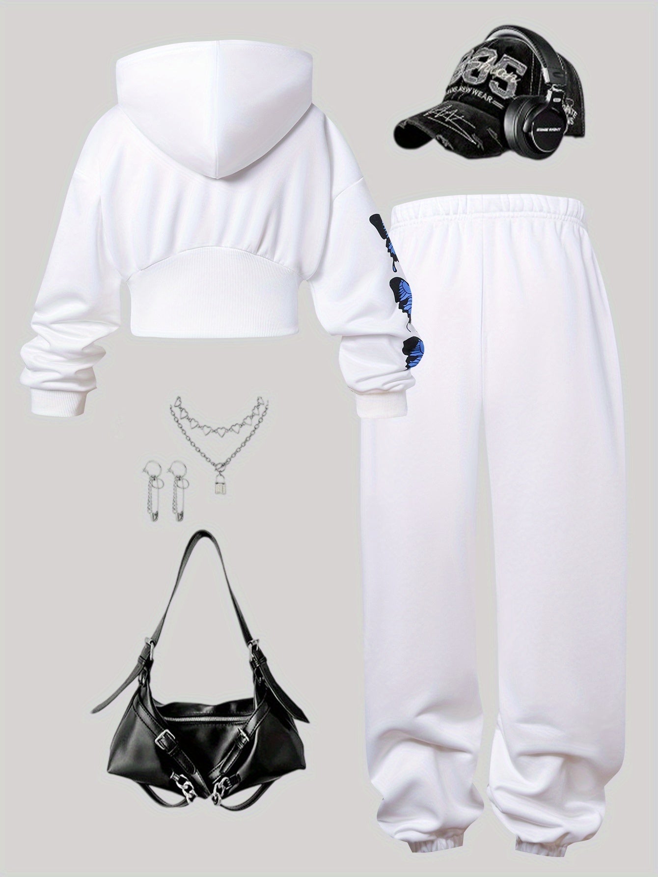 New Autumn-Winter Two-Piece Set for Older Girls: Fashionable Butterfly Print Hooded Sweatshirt with Jogger Pants, Perfect for Outdoor