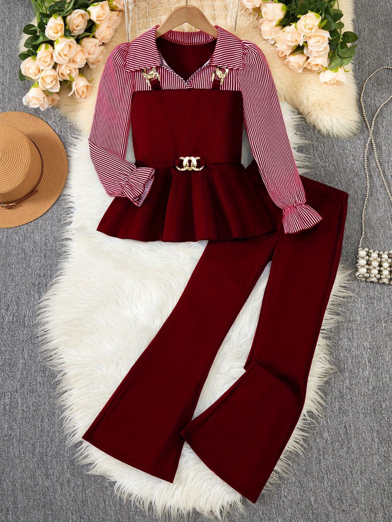 ' Autumn and Winter Fashion Casual Elegant Two-Tone Shirt with Golden Chain Detail, Ruffle Hem Top Paired with Flared Pants, Machine Washable Formal and Casual Wear Suitable for School, Parties, Family Events, Travel Vacation