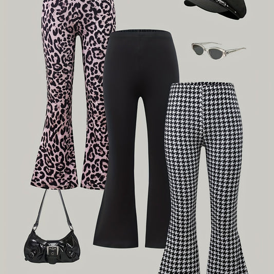 [Stylish Girls' Flare Leg Pants] 3pcs Set of Stylish Girls' Flare Leg Pants - Comfortable Elastic Leopard & Houndstooth & Black, Suitable for Spring Summer Autumn, Ages 3+, Perfect for Outdoor