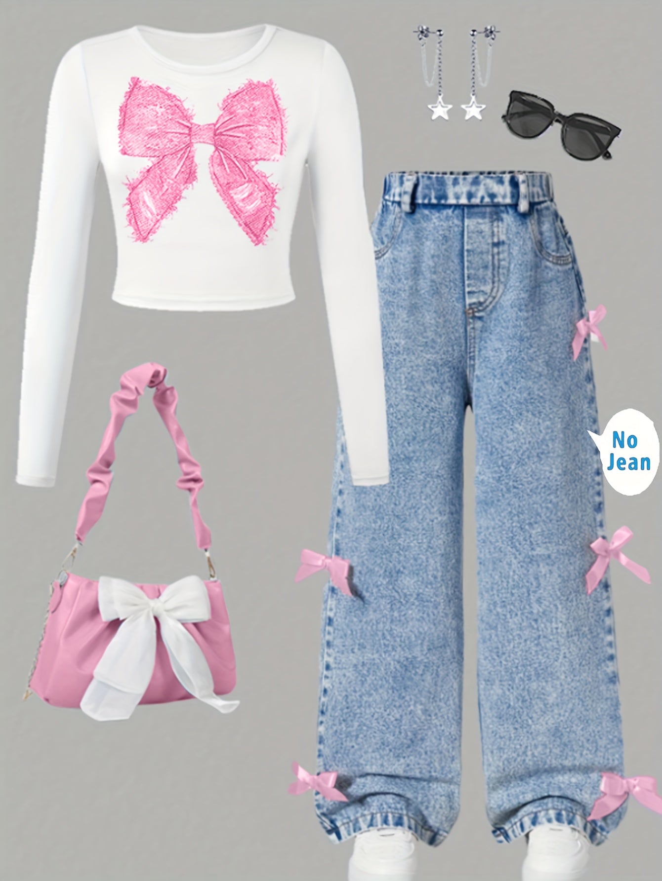 [Girls' Bow Print Top & Pants] Fashion Casual Bow Print Long Sleeve Top with Faux Denim Bow Pants for Girls | Spring/Autumn Outdoor Leisure Parties