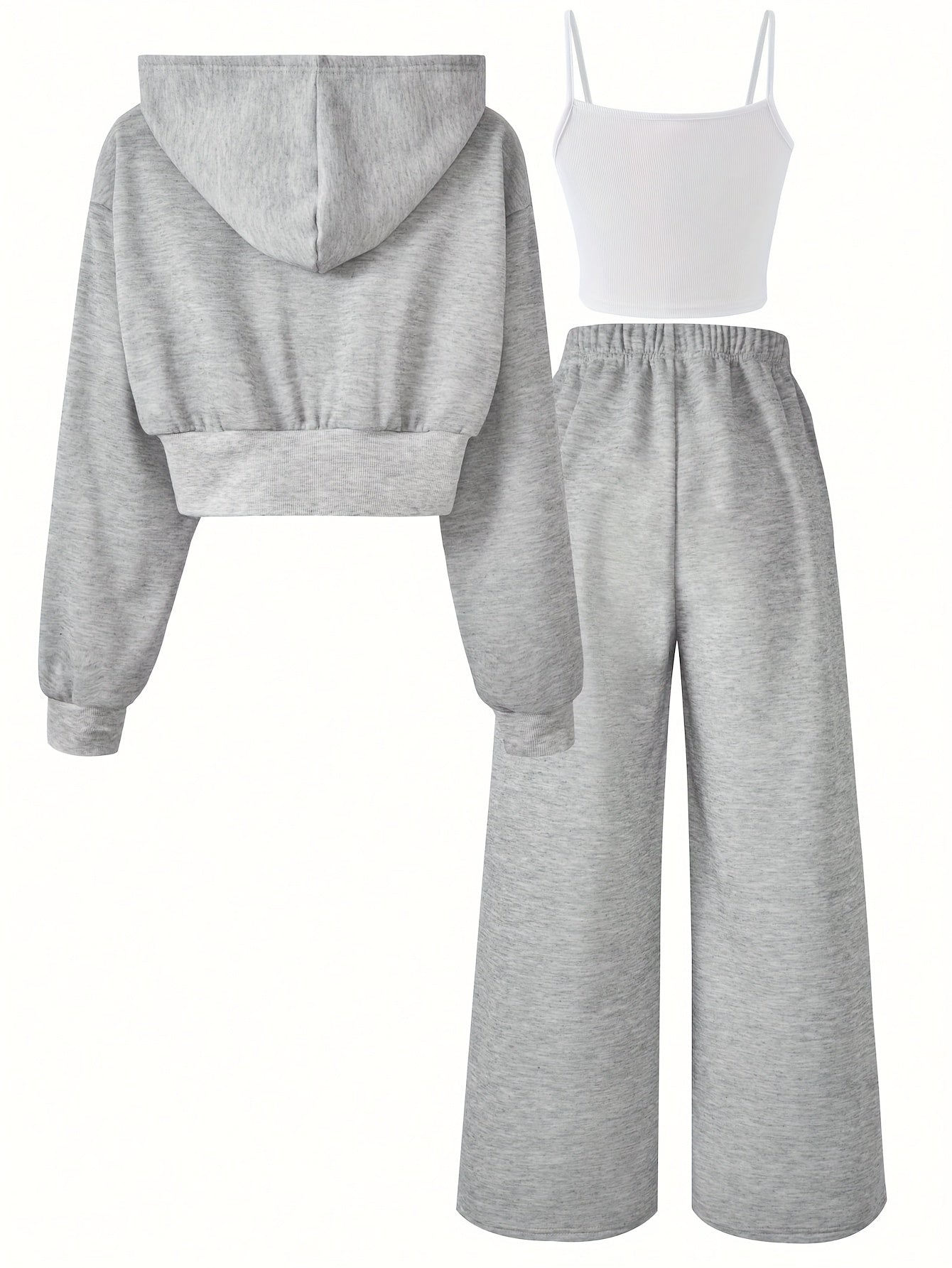 Girls' Spring and Autumn Hooded Cardigan Short Sweatshirt Jacket + White Versatile Camisole + Gray High-Waisted Wide-Leg Pants Casual Sportswear Three-Piece Set, for Outdoor, For Teenager