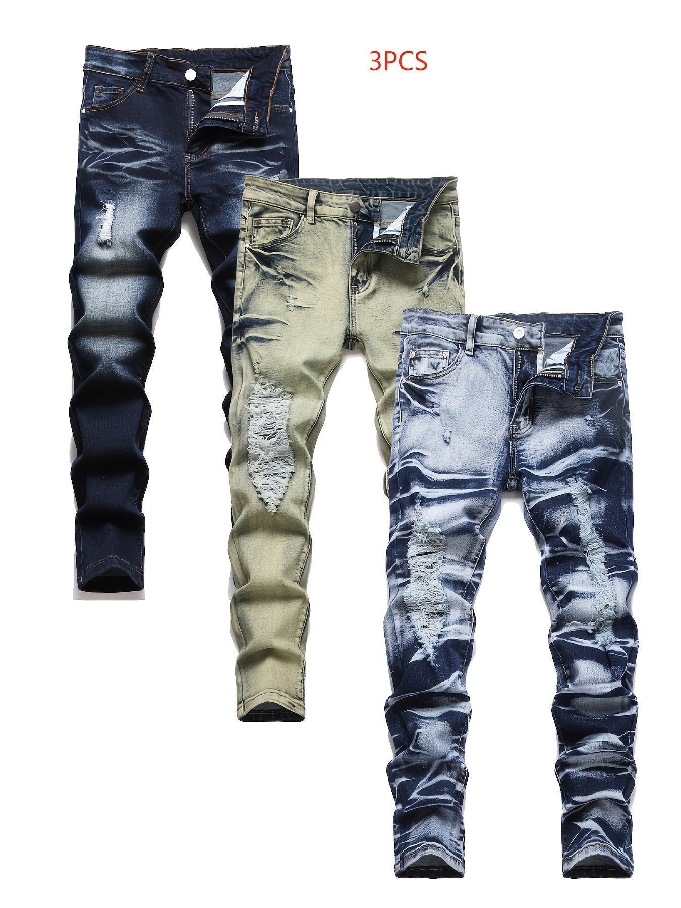 [3pcs Of Jeans] Boys' Retro Distressed P'd Slim Fit Washed Denim Jeans, Boys' Casual Multi Piece Jeans, All Season Collection