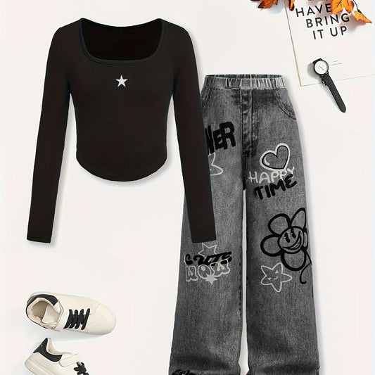 High-Scoring Girls' Fashion Spring/Fall 2-Piece Set: Solid Color Top + Imitation Denim Pants, Simple Casual Sporty Street Style with a Balance of Cool and Cute (Accessories Not Included) - School Uniform for Teenage Girl