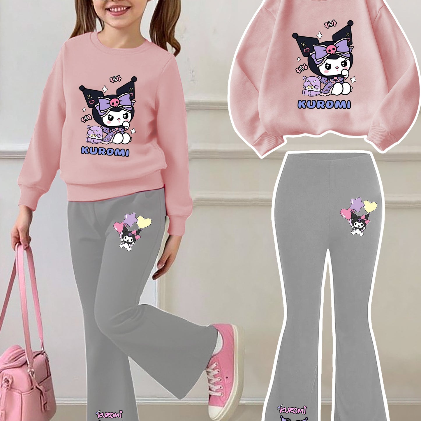 [Casual Sweatshirt] 2pcs Casual Kuromi Pattern Print Round Neck Long Sleeve Sweatshirt + Flared Pants Set | Girls' Fashion, Suitable for Outdoor Play and Leisure Wear, Perfect for Birthday Gifts