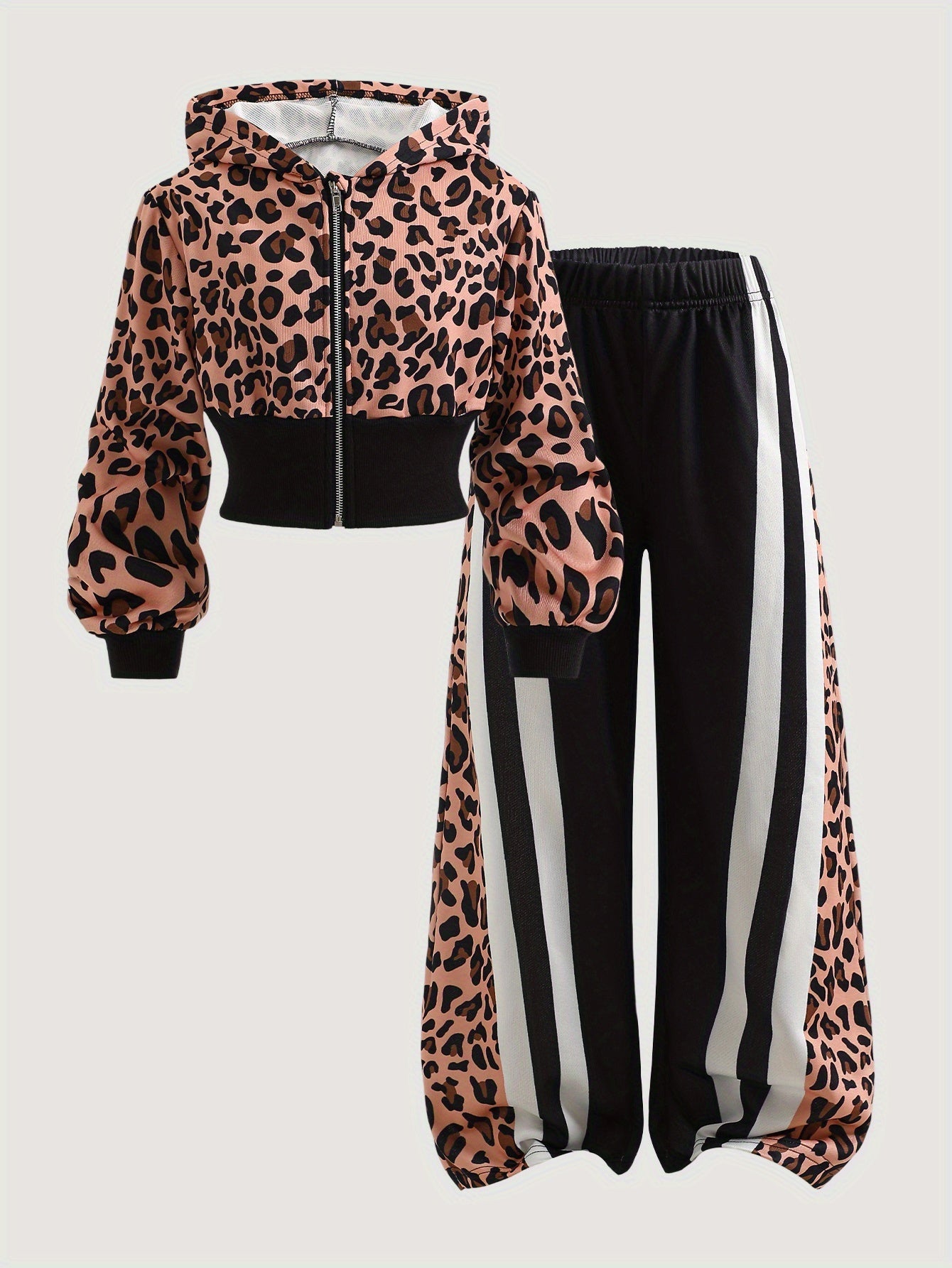 Girls' Fashion Set Two-Piece Autumn Leopard Print Hooded Long Sleeve Jacket and Wide Leg Pants Fashion Sports Two-Piece Set, Perfect for Outdoor, Perfect for, Girl Clothe, Girl Outfit, School Clothes/uniform For Girl