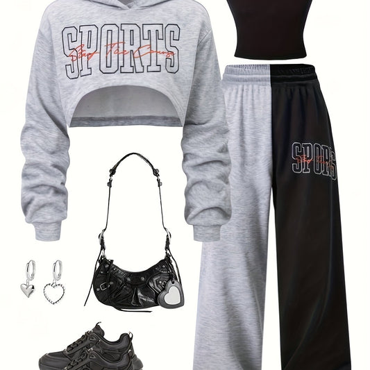 [Girls' Sporty Three-Piece Set] Spring and Autumn Fashionable Girls' Sporty Three-Piece Set with Floral Letter Print Hoodie, Black Heart Vest, and Casual Sports Pants for Outdoor Activities - Accessories in Picture are for Re
