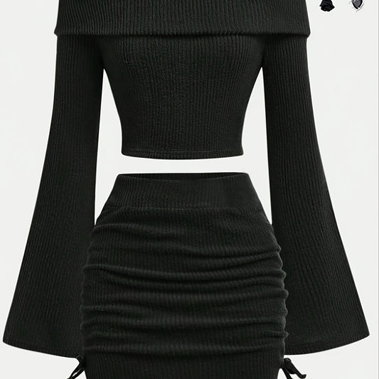 A New Collection for Spring And Autumn Featuring Stylish Girls' Clothing, with a Gentle, Elegant Design, It Includes a Casual, Comfortable, Solid-Colored, Off-Shoulder Long-Sleeve Top Paired with a Fashionable, Versatile, Ple