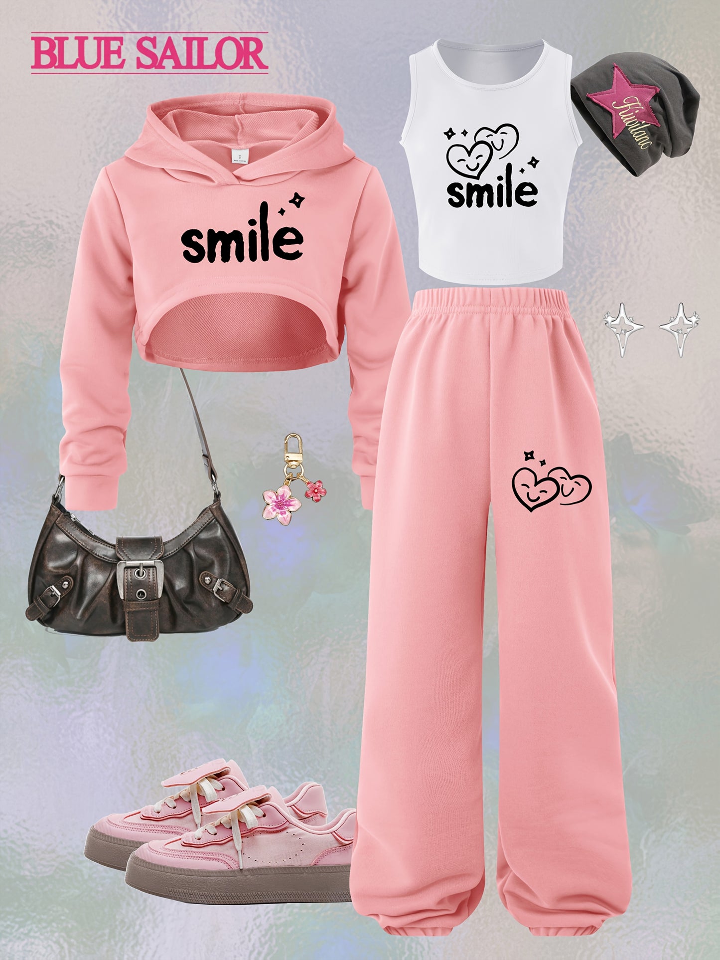 3pcs Girls' Long-Sleeve Hooded Crop Top and Pants Casual Sporty Outdoor 3pcs Set, Perfect for Outdoor