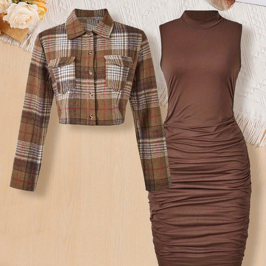 Teen Girls' Fashion Plaid Long Sleeve Shirt + Ruched Bodycon Stand Collar Dress Set, Perfect for Outdoor