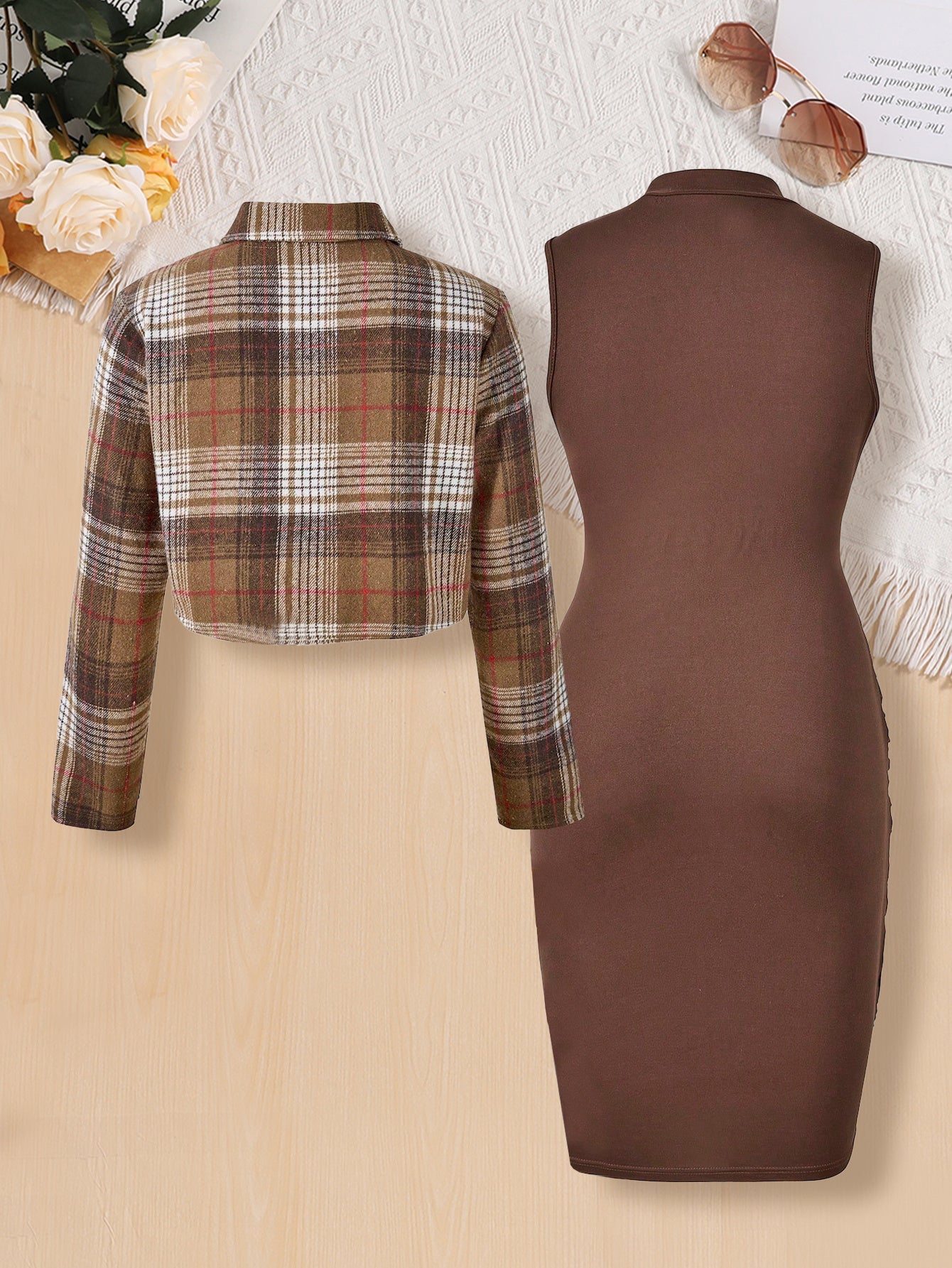 Teen Girls' Fashion Plaid Long Sleeve Shirt + Ruched Bodycon Stand Collar Dress Set, Perfect for Outdoor