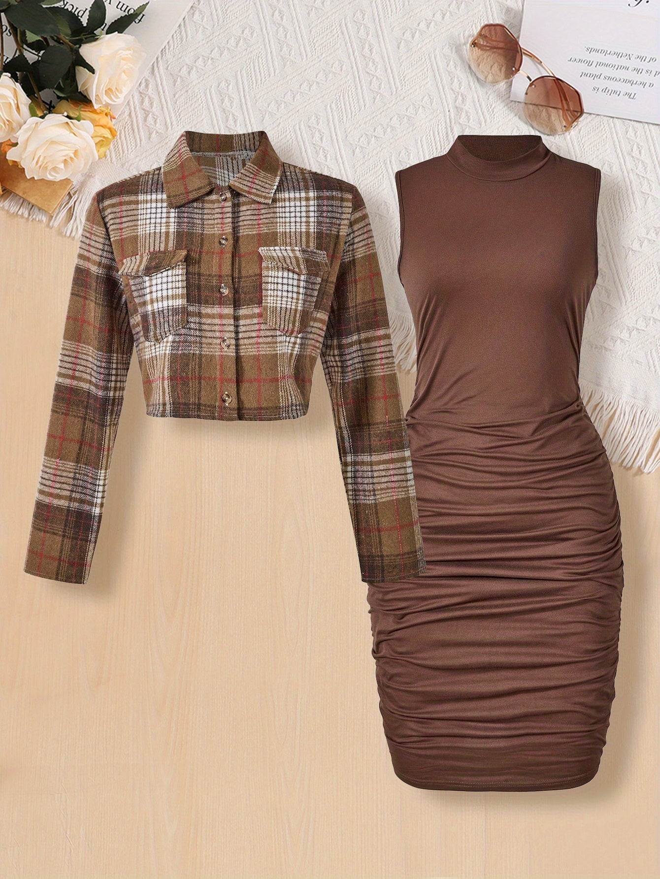 Teen Girls' Fashion Plaid Long Sleeve Shirt + Ruched Bodycon Stand Collar Dress Set, Perfect for Outdoor