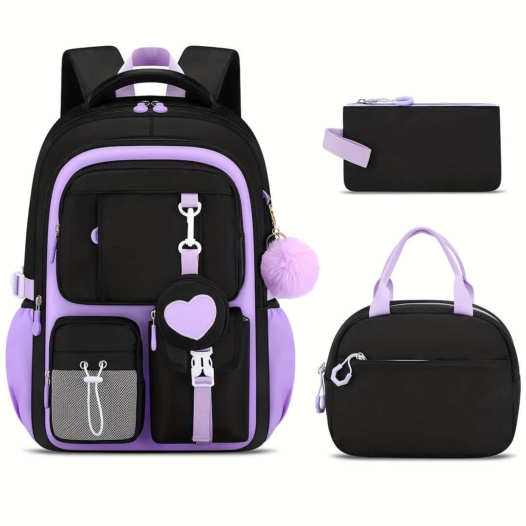 [Heart-Shaped Backpack Set] 3pcs Heart-Shaped Casual Backpack Handbag Set | Fashionable Black with Purple, 15.6-Inch Laptop Backpack, Large Capacity Multiple Compartments, Beach Outdoor Camping Travel Bag with Trolley Sleeve,