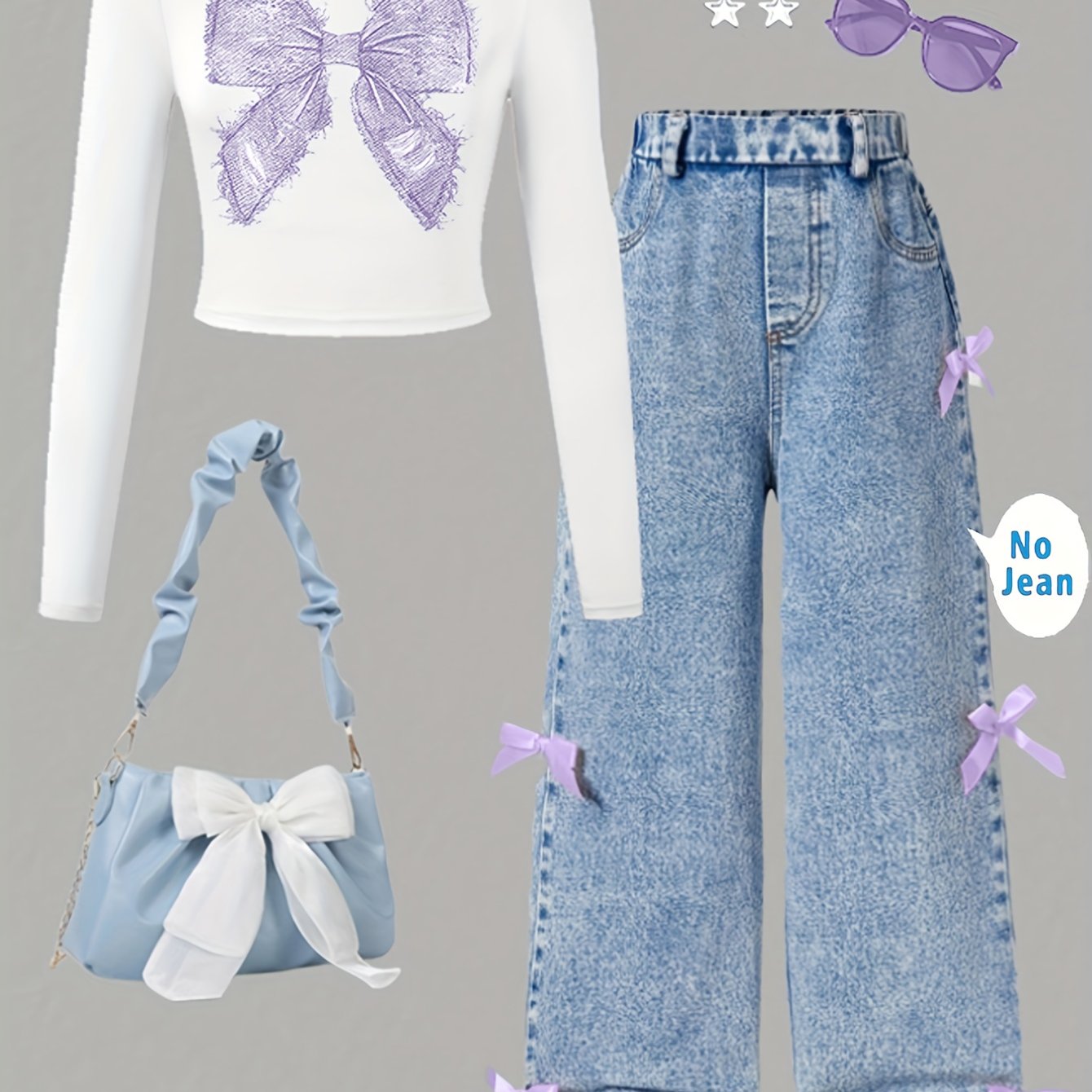 [Girls' Bow Print Top & Pants] Fashion Casual Bow Print Long Sleeve Top with Faux Denim Bow Pants for Girls | Spring/Autumn Outdoor Leisure Parties
