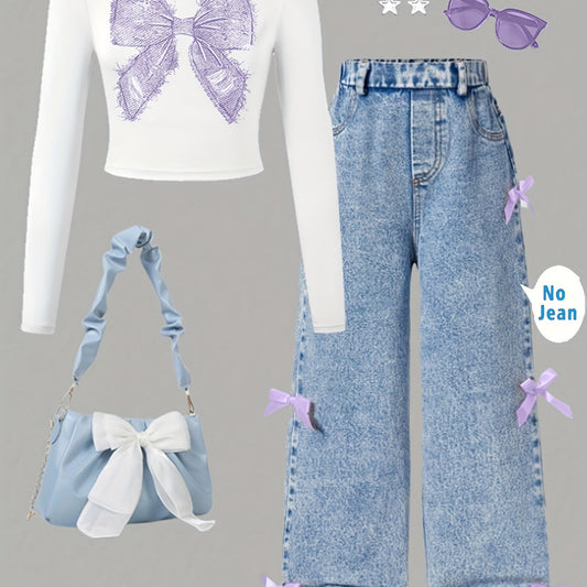 [Girls' Bow Print Top & Pants] Fashion Casual Bow Print Long Sleeve Top with Faux Denim Bow Pants for Girls | Spring/Autumn Outdoor Leisure Parties