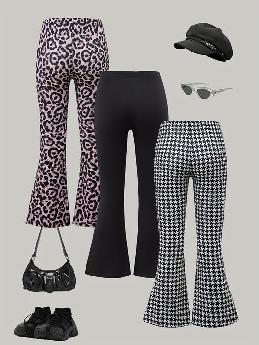 [Stylish Girls' Flare Leg Pants] 3pcs Set of Stylish Girls' Flare Leg Pants - Comfortable Elastic Leopard & Houndstooth & Black, Suitable for Spring Summer Autumn, Ages 3+, Perfect for Outdoor