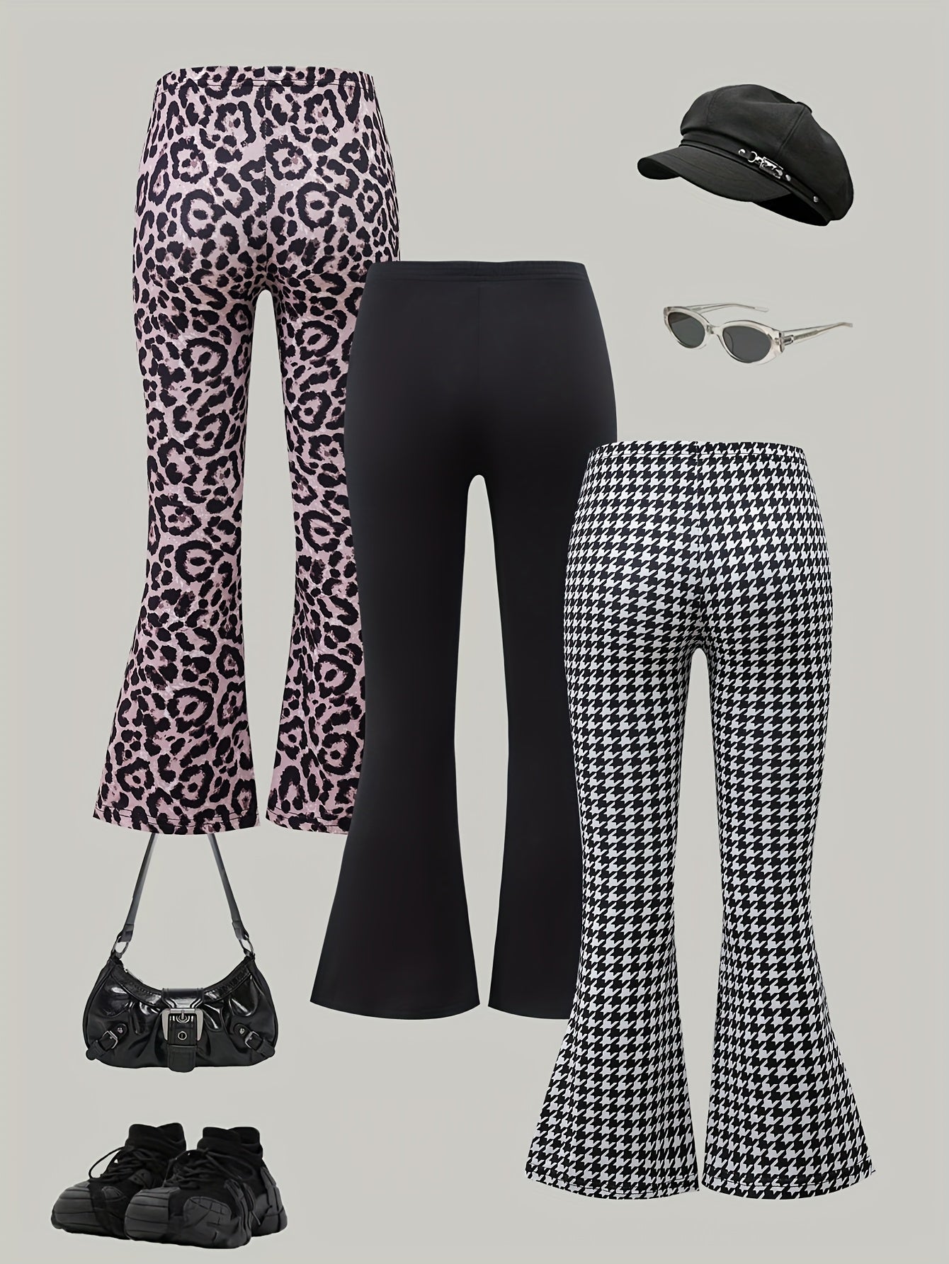 [Stylish Girls' Flare Leg Pants] 3pcs Set of Stylish Girls' Flare Leg Pants - Comfortable Elastic Leopard & Houndstooth & Black, Suitable for Spring Summer Autumn, Ages 3+, Perfect for Outdoor
