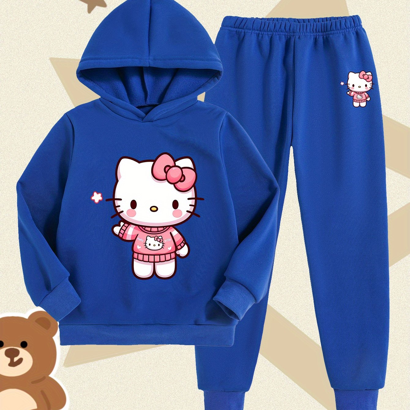 Girls' Fashion Hoodie and Pants Set - Sanrio Cartoon Print, Soft Polyester Sweatshirt with Hat for Kids, Warm & Comfortable Fall/Winter Outfit, Stylish Casual Sportswear for School or Outdoor Activities, Perfect for Outdoor