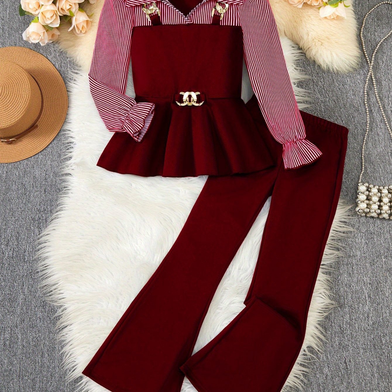 ' Autumn and Winter Fashion Casual Elegant Two-Tone Shirt with Golden Chain Detail, Ruffle Hem Top Paired with Flared Pants, Machine Washable Formal and Casual Wear Suitable for School, Parties, Family Events, Travel Vacation