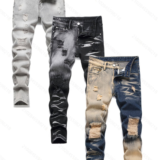 [3pcs Of Faux Denim] Boys' Retro Distressed Slim Fit Washed Faux Denim Faux Denim, Boys' Casual Multi Piece Faux Denim, All Season Collection