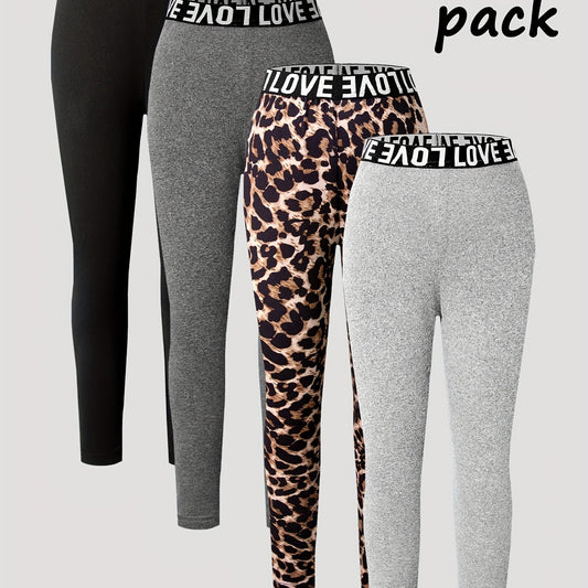 4-Pack Girls' Jogger Pants with Stretchy Elastic Waistband & Leopard Print - Soft Stretchy Comfortable Casual Leggings for Spring Summer Fall, Easter Carnival Party Gift, Jogging Pants, Seasonal Wear, Playful Print Design, Co