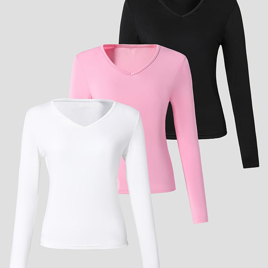 3pcs Elegant V-Neck Slim Fit T-Shirts for Teen Girls - Stretchy, Solid Color Knit Tops in Black, Pink, White - Perfect for Back-to-School, Graduation, Parties & Gatherings, Cute Shirts for Teens, For Teenager