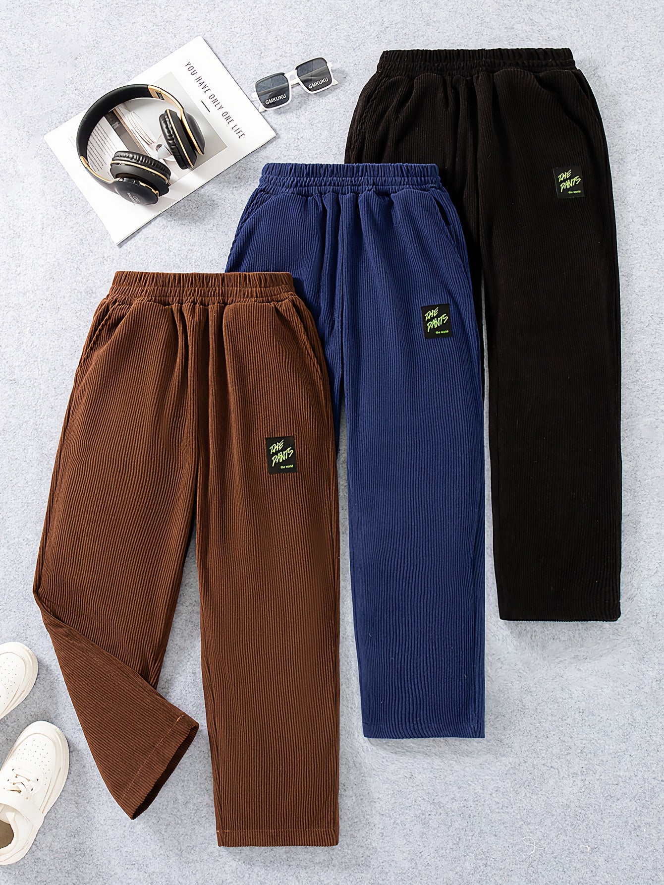 3pcs Boys' Corduroy Pants - Thick Winter Warm Loose-Fit Soft Straight-Leg Elastic Waist Casual Outdoor Pants with Pocket Details, Machine Washable Corduroy Trousers for Teen Boys (Brown/Navy/Black) - Autumn & Winter Clothing,