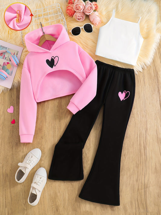 3-Piece Trendy Fashion Sweatshirt Set for Girls, Casual Heart Print Fleece-Lined Sweatshirt Three-Piece Set, Autumn Winter Gift, Suitable for Daily Wear, Handmade, Crop Top, Casual, Vacation, Travel, Back to School, Prom, Gra